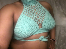 Load image into Gallery viewer, Minty Webbing Hand Crocheted Festival Bikini Top!!!