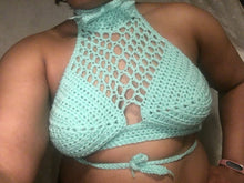 Load image into Gallery viewer, Minty Webbing Hand Crocheted Festival Bikini Top!!!