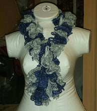 Load image into Gallery viewer, Hand Crocheted Blue & Gray Sports Themed Frilly Scarf