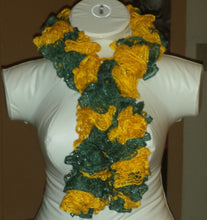 Load image into Gallery viewer, Hand Crocheted Green & Yellow Sports themed Frilly Scarf