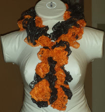 Load image into Gallery viewer, Hand Crocheted Black & Orange Sports themed Frilly Scarf