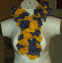 Load image into Gallery viewer, Hand Crocheted Navy Blue & Gold Sports themed Frilly Scarf