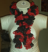 Load image into Gallery viewer, Hand Crocheted Red & Black Sports themed Frilly Scarf