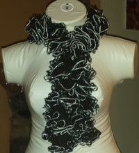 Load image into Gallery viewer, Hand Crocheted Black & Silver Sports themed Frilly Scarf