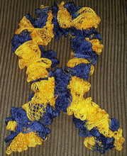 Load image into Gallery viewer, Hand Crocheted Navy Blue & Gold Sports themed Frilly Scarf