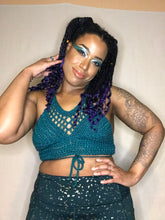 Load image into Gallery viewer, Hand Crocheted Sparkly Teal Festival Summer Top