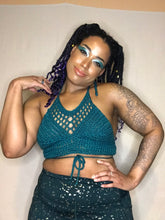 Load image into Gallery viewer, Hand Crocheted Sparkly Teal Festival Summer Top