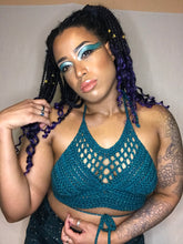 Load image into Gallery viewer, Hand Crocheted Sparkly Teal Festival Summer Top