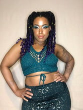 Load image into Gallery viewer, Hand Crocheted Sparkly Teal Festival Summer Top