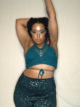 Load image into Gallery viewer, Hand Crocheted Sparkly Teal Festival Summer Top