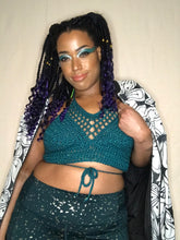 Load image into Gallery viewer, Hand Crocheted Sparkly Teal Festival Summer Top