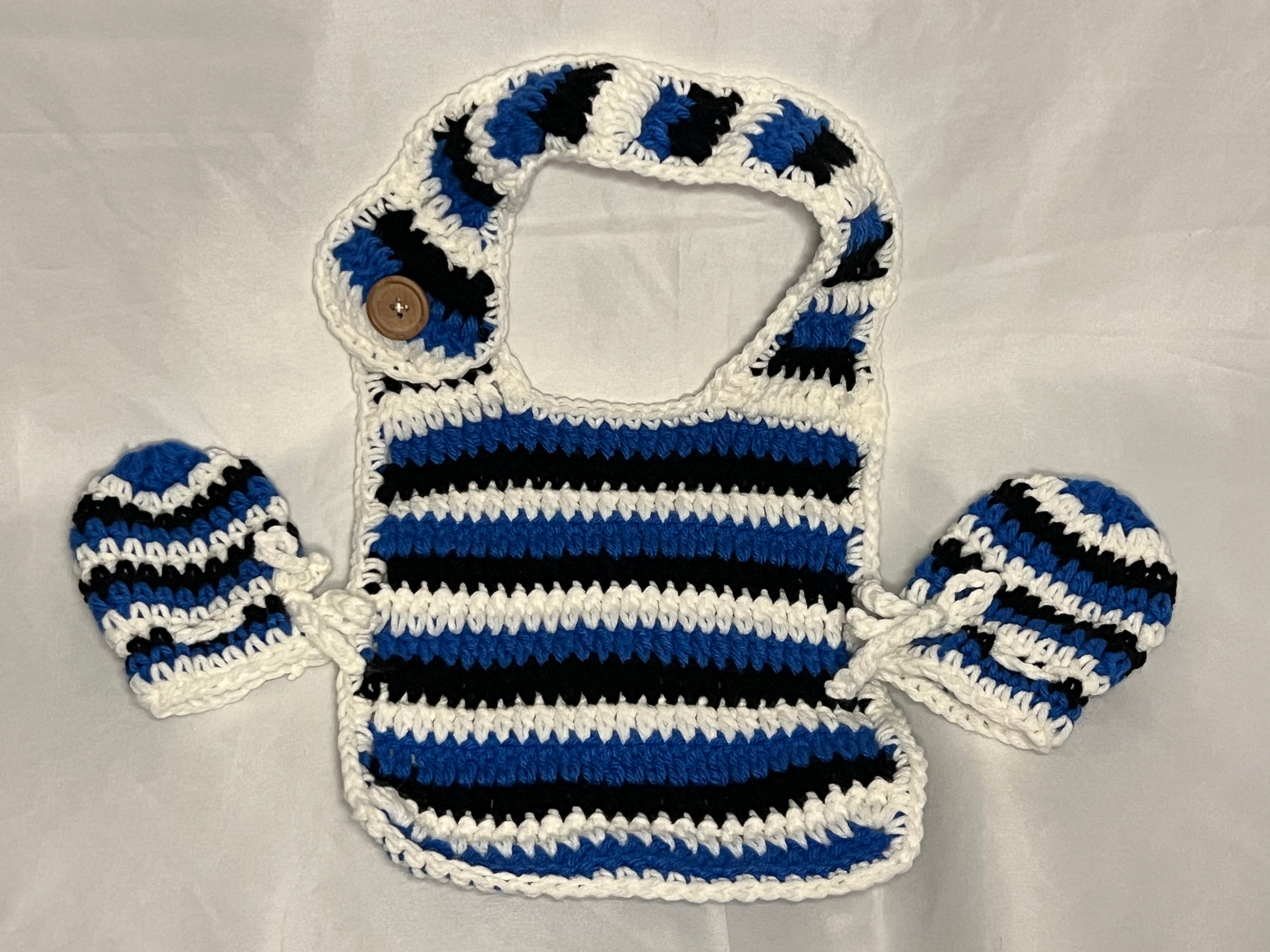 Hand Crocheted Black, Blue & White NewBorn Baby Bib & Gloves set