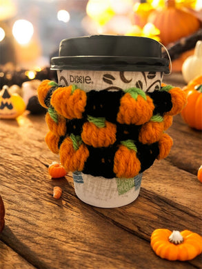Hand crocheted pumpkin themed cup cozy set (4)