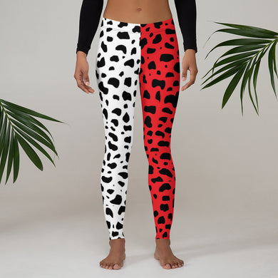 Cruella Dalmatians Spots Inspired Two-Toned Red and White Leggings