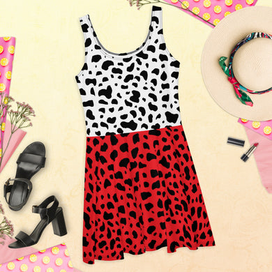 Cruella White And Red Spotted Dalmatian Theme Inspired Skater Dress