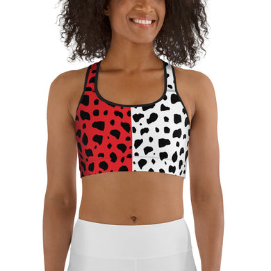 Cruella Dalmatians Spots Inspired Two-Toned Red and White Sports bra