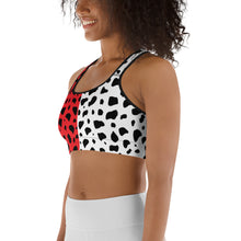 Load image into Gallery viewer, Cruella Dalmatians Spots Inspired Two-Toned Red and White Sports bra