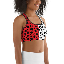 Load image into Gallery viewer, Cruella Dalmatians Spots Inspired Two-Toned Red and White Sports bra