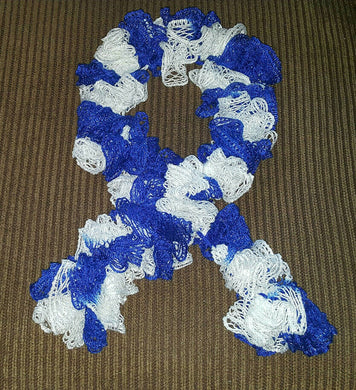 Hand Crocheted Blue & White Sports themed Frilly Scarf