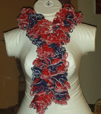 Hand Crocheted Red & Navy Blue Sports themed Frilly Scarf