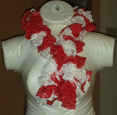 Hand Crocheted Red & White Sports themed Frilly Scarf