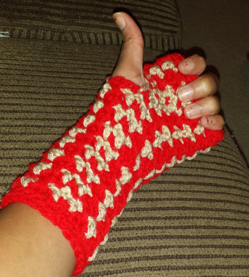 Red & Tan Sports Theme Hand Crocheted Adult Size Hand Warmers