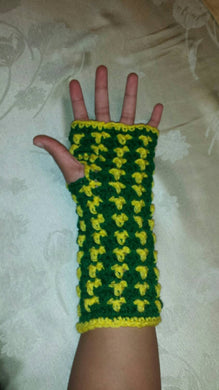 Hand Crocheted Green & Yellow Sports Themed Hand Warmers