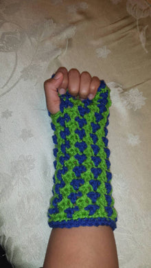 Hand Crocheted Green & Blue Sports Themed Hand Warmers