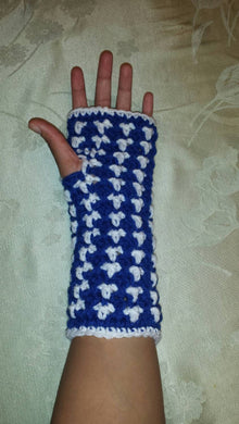 Hand Crocheted Blue & White Sports Themed Hand Warmers