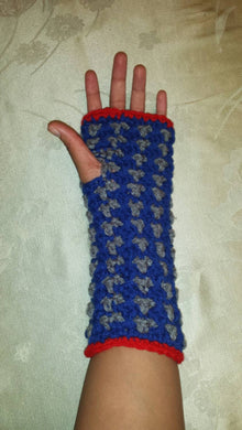 Hand Crocheted Blue/Red/Gray Sports Themed Hand Warmers