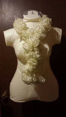 Hand Crocheted Cream & Gold Lining Frilly Scarf