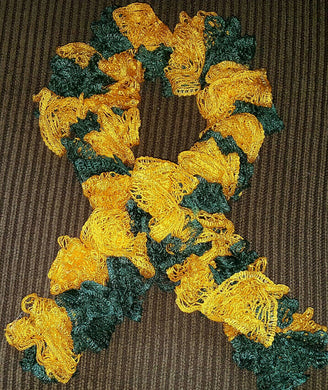 Hand Crocheted Green & Yellow Sports themed Frilly Scarf