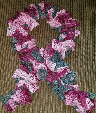 Hand Crocheted Pink and Gray Frilly Scarf