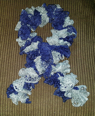 Hand Crocheted Blue & Gray Sports Themed Frilly Scarf